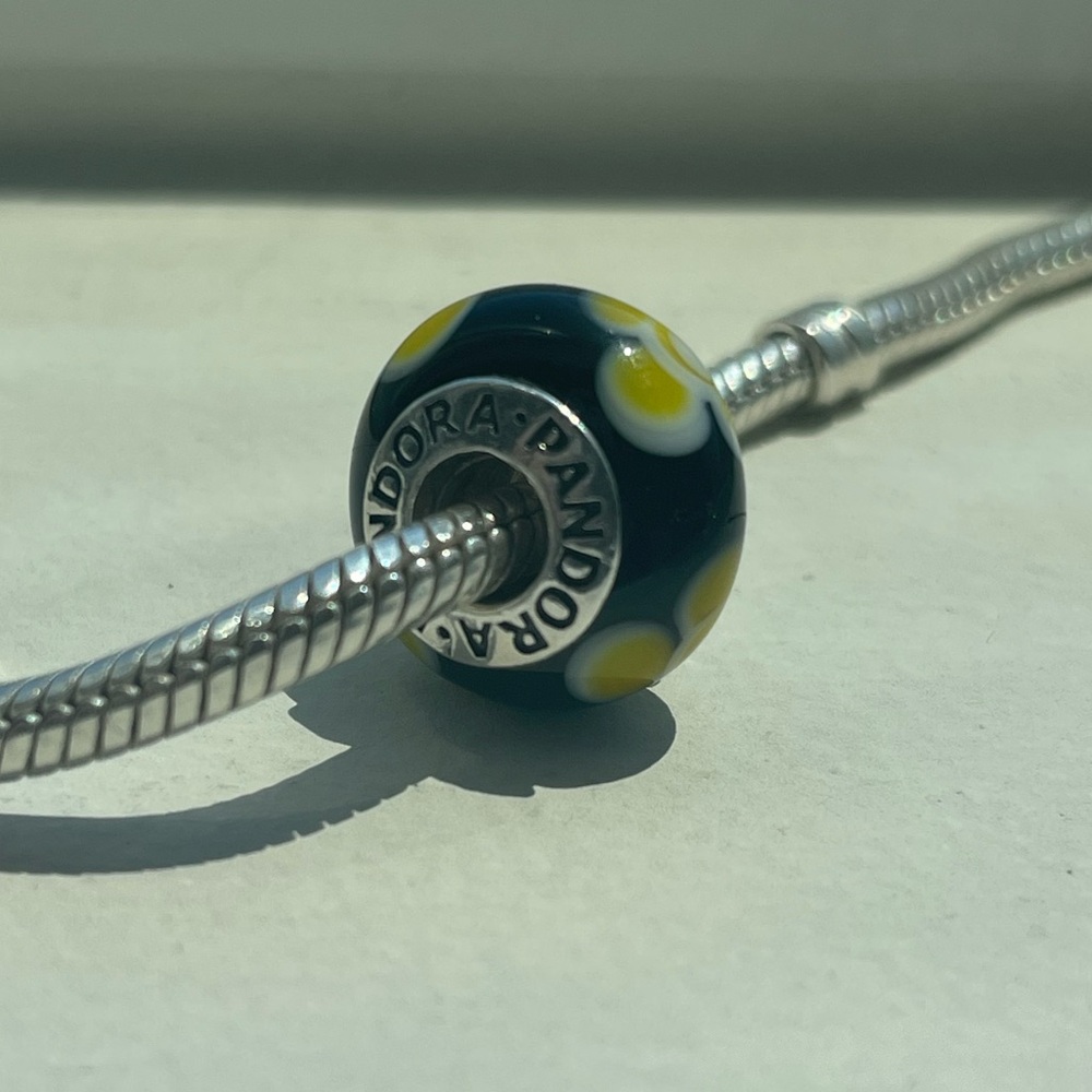 Retired Pandora Murano Glass Charm - Black and yellow flowers